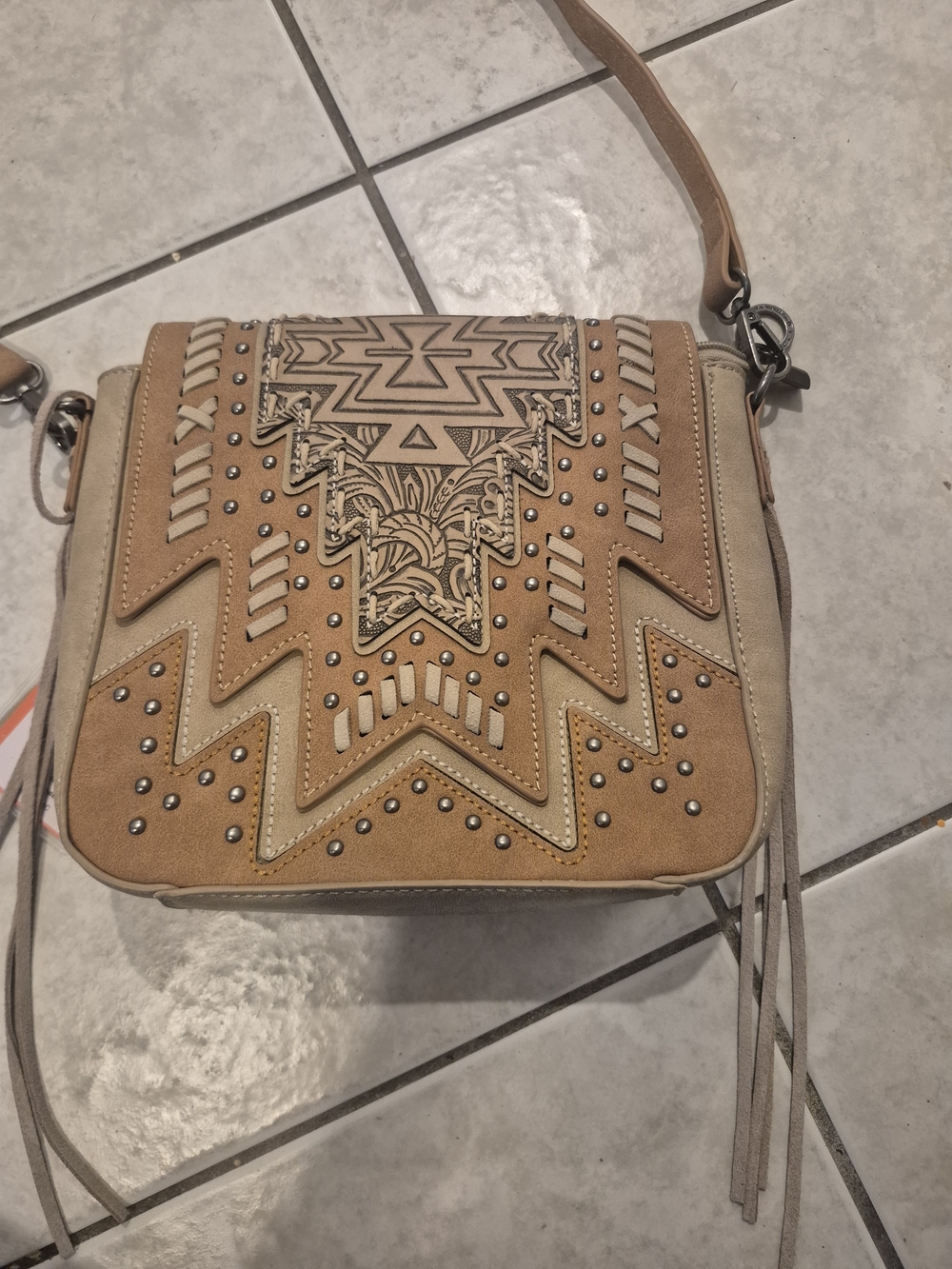 NWT Montana West Tan & Cream Western Studded Crossbody Shoulder Bag